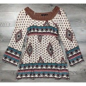 Blu Pepper Long Sleeve Boat Neck Boho Aztec Tunic Shirt Womens Small Rayon